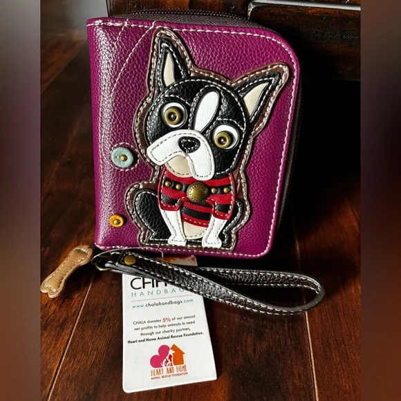 NEW Chala Boston Terrier Dog Zippered Bifold Wallet Faux Leather Purple - Picture 2 of 10
